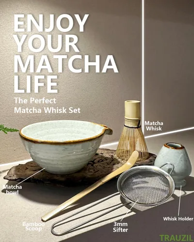 Vista 2 de Taruzil - Juego de batidor de matcha con cuenco matcha, batidor de bambú matcha, cuchara, tamiz, soporte para batidor de matcha, regalos únicos