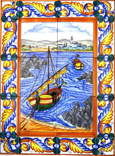 Vista 5 de Mural de cerámica pintado a mano Calles típicas/Mercado/MARKETPLACE con borde de borde. 17.72'' x 23.62''. 25379 Mural Calles típicas con borde