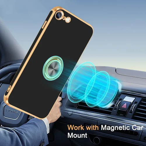 Vista 6 de Fingic Funda para iPhone SE 2022, iPhone SE 2020 [con soporte de anillo de 360°] [soporte magnético giratorio] [chapado en oro brillante] Funda