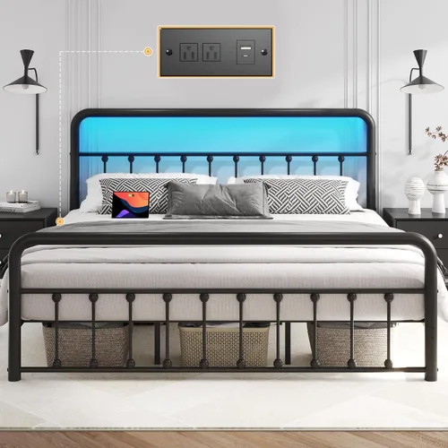 Vista 9 de Fluest Marco de Cama Full de 14 Pulgadas Marco de Cama de Plataforma de Metal Clásico con Estación de Carga y LED, Cabecero/Pie de Cama
