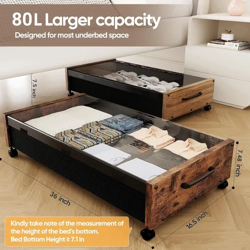 Vista 2 de Almacenamiento debajo de la cama con ruedas, 2 paquetes de contenedores de almacenamiento de madera extra grandes debajo de la cama, organizador