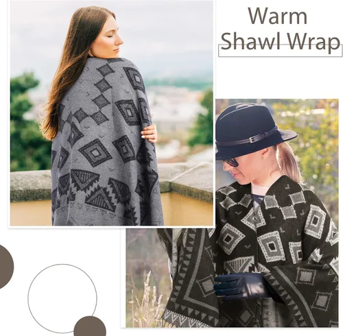 Vista 6 de Hoosige Poncho con borlas y frente abierto para mujer, 51.2 x 61 pulgadas, chal cálido para invierno, cárdigan estampado para mujer, otoño