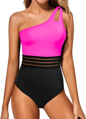 Vista 18 de Women's One Shoulder One Piece Tummy Control Swimsuit Full Coverage Diseño de ojo de cerradura, ajuste de cobertura completa, estilo modesto Negro