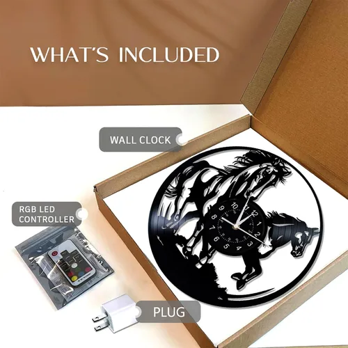 Vista 5 de Reloj de pared de caballo corriendo regulable, montaje en pared de 12 pulgadas, disco de vinilo con luces LED de caballo al galope, regalos