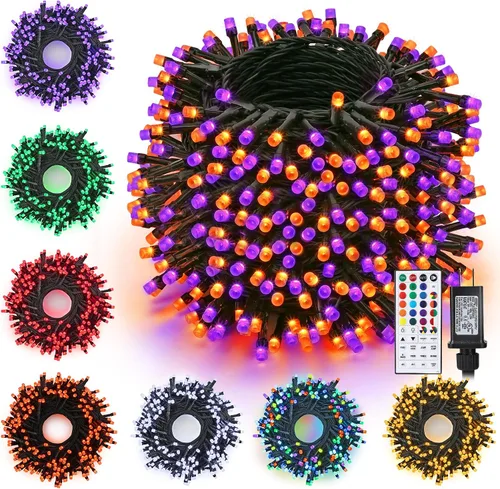 Vista 11 de Toodour - Guirnalda de luces RGB para Halloween, 82 pies, 200 luces LED naranja y morado