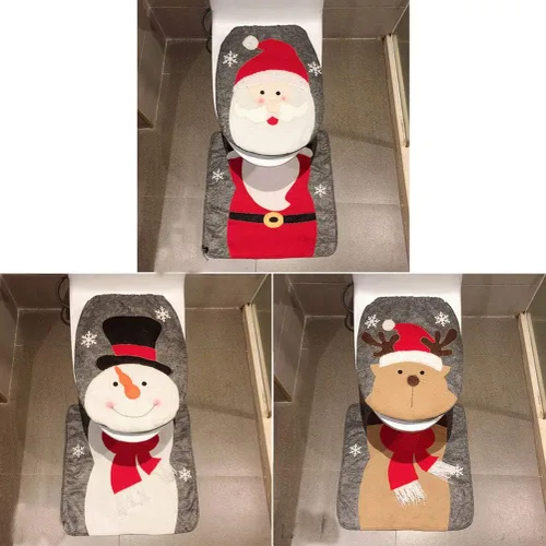Vista 4 de Heshifeng party & accesories - Juego de funda para asiento de baño y alfombra de Navidad, hombre de nieve, Santa, reno, decoración navideña