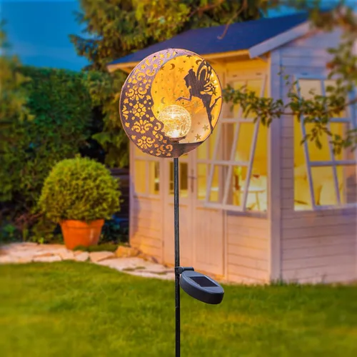 Vista 5 de Tryme Luces solares de jardín de hadas, estaca de globo de cristal con estrella de luna, luces decorativas impermeables para exteriores, patio