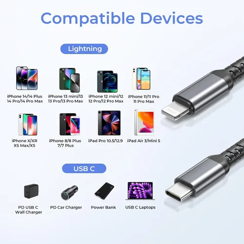 Vista 7 de Basesailor - Cable cargador corto de 1 pie para iPhone 14 13, cable USB C a Lightning con adaptador USB A, cable de carga rápida para Apple iPhone