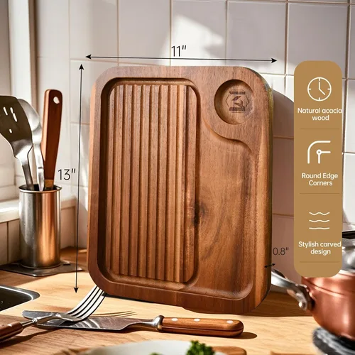 Vista 2 de Platos de bistec de madera de acacia, tabla de cortar carnívora para comer, plato de carne tallado de madera, bandeja para servir alimentos, tabla