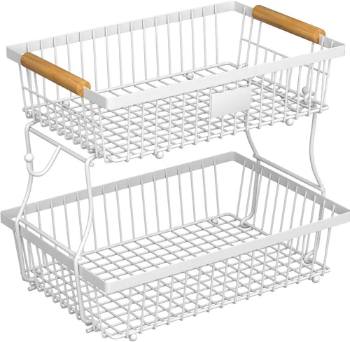 Vista 7 de Cesta de frutas de 2 niveles para encimera de cocina con 2 ganchos para plátanos, cesta de pan de metal para encimera con mango de madera, soporte