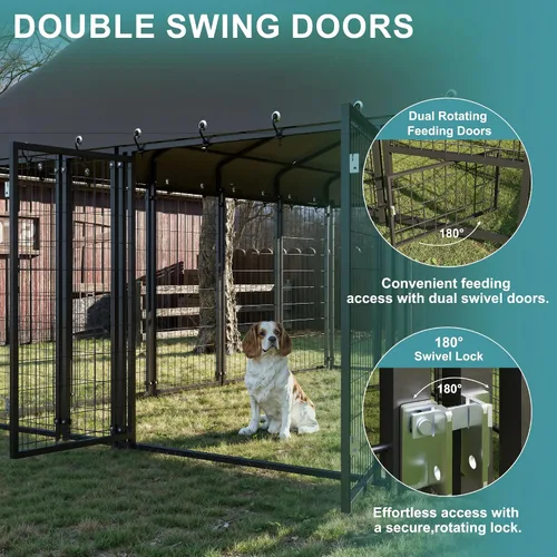 Vista 5 de Perrera grande para perros al aire libre de 10 x 10 pies con puertas batientes dobles, jaula resistente para perros con panel de alimentación, techo