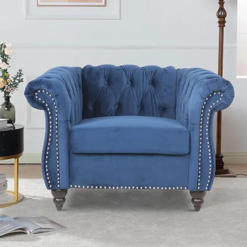 Vista 20 de LEVNARY Sillón Chesterfield de Terciopelo, Sillón Individual de Estilo Moderno de Mediados del Siglo con Respaldo de Botones y Decoración con Beige