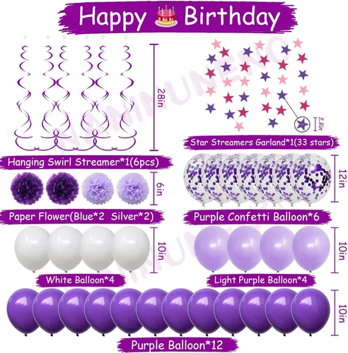 Vista 6 de Decoraciones de cumpleaños número 10 para niñas, globos morados de feliz cumpleaños, pancarta, globos de números, serpentinas de estrellas