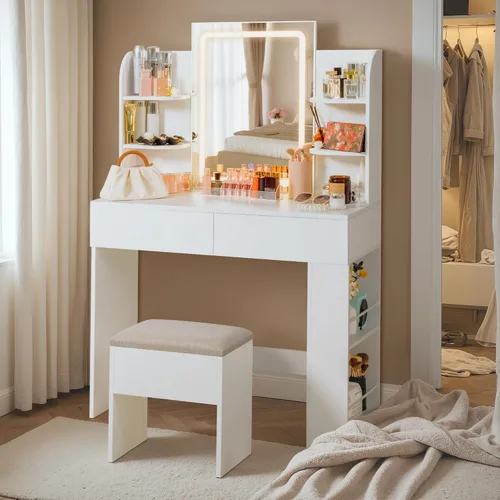 Vista 2 de JUMMICO Tocador de maquillaje con espejo y luces, escritorio de tocador con 3 modos de color y brillo de luz ajustable, mesa de maquillaje con cajón