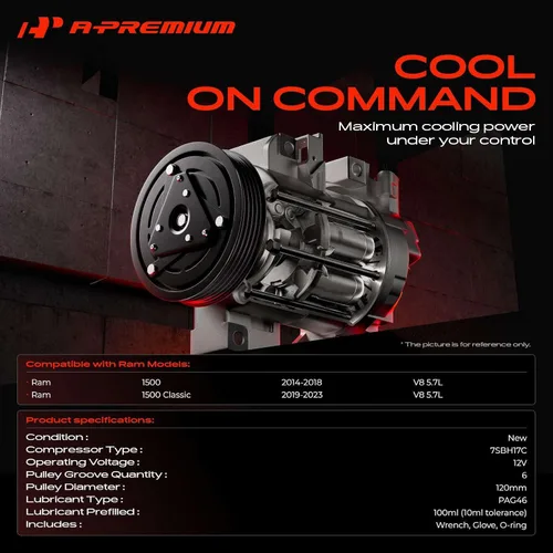 Vista 2 de A-Premium Compresor de Aire Acondicionado AC con Embrague Compatible con Ram 1500 5.7L 2014-2018, Ram 1500 Classic 5.7L 2014-2014, Estilo 7SBH17C