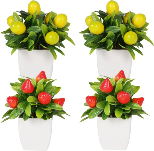 Vista 8 de Yoratee 4 plantas de limón artificiales en maceta de frutas falsas de 6 pulgadas, árbol de limones falsos con maceta pequeña, mini planta falsa