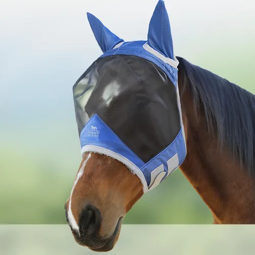 Vista 21 de Harrison Howard Máscara de mosca de caballo luminosa profesional estándar con orejas protección UV para caballo, azul y plateado, pequeño poni