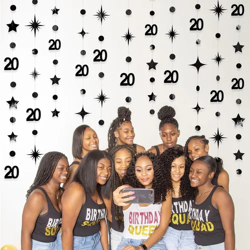 Vista 6 de Decoraciones negras de 20 cumpleaños número 20 círculo estrella metálica colgante serpentina telón de fondo para mujeres y hombres saludos a 20 años