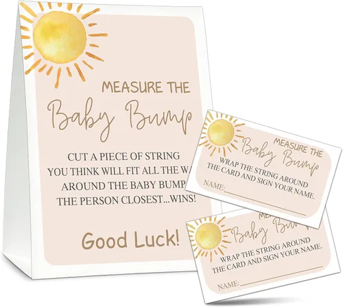 Vista 11 de Measure the Baby Bump - Juego de juego para baby shower, 1 letrero de pie con 50 tarjetas de adivinanzas, suministros de decoración de fiesta