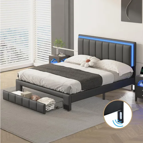 Vista 33 de Cama de plataforma flotante, marco de cama de madera tamaño individual con rayas claras, tela de lino suave y cabecera de diseño capitoné