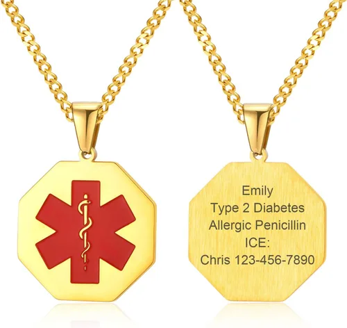 Vista 127 de VNOX Collar con colgante personalizado de acero inoxidable con grabado personalizado para identificación de alerta médica de emergencia para hombres