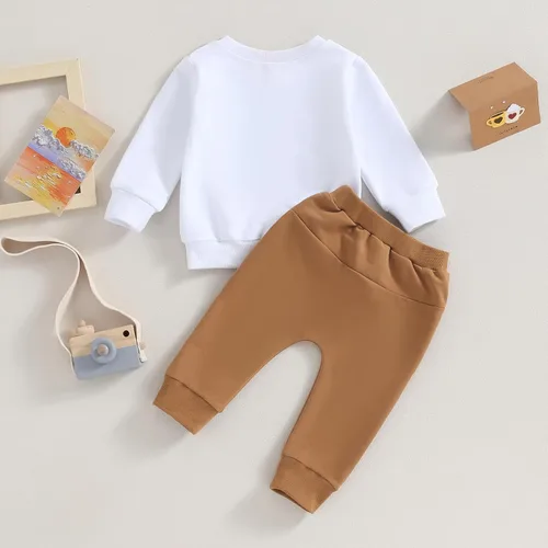 Vista 3 de Conjunto de 2 piezas de sudadera con estampado de letras y pantalones largos elásticos, lindos trajes para recién nacidos