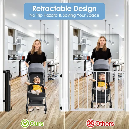 Vista 5 de Puertas retráctiles reforzadas para bebés con varillas de soporte, se extienden hasta 55" de ancho, puerta retráctil para perros para entradas