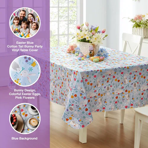 Vista 2 de Newbridge Blue Easter Cotton Tail Bunny Party 52 x 52 inch Square Vinyl Tablecloth with Flannel Backing, Bunny Rabbit, Easter Eggs and Floral Design