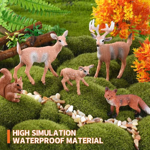 Vista 2 de Kit de 10 figuras de animales del bosque, 5 ciervos artificiales de bosque, 5 árboles de arce en miniatura mixtos para decoración de pasteles