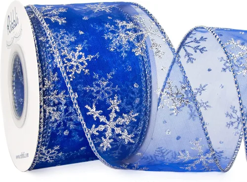 Vista 8 de Ribbli Cinta con alambre de purpurina de copo de nieve, organza dorada transparente con patrón de copo de nieve con purpurina dorada y borde