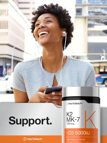 Vista 6 de Horbäach Vitamina D3 K2 5000 UI Complejo de 100 mcg MK-7 180 Cápsulas Blandas Suplemento sin OMG y sin gluten