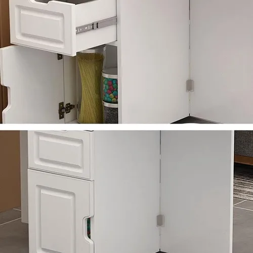 Vista 4 de Mesa de comedor plegable, rectangular de madera maciza, mesa de comedor versátil con ruedas y estantes de almacenamiento, ahorro de espacio