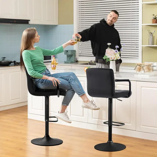 Vista 2 de Furniliving Taburetes de bar ajustables con respaldo, juego de 2 taburetes de bar negros, taburetes de bar de terciopelo con giro de 360°, taburetes