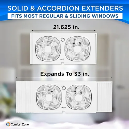 Vista 8 de Comfort Zone CZ329WT Ventilador de ventana doble de 9" con ventiladores giratorios de 180°, 2 velocidades, pantalla anti-insectos de plástico