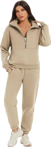 Vista 3 de COZYPOIN Conjunto deportivo de 2 piezas para mujer, sudadera de forro polar con cremallera media y pantalones de chándal de forro polar