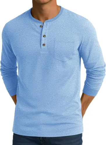 Vista 22 de CRYSULLY Camisa de manga larga para hombre, de algodón, con bolsillo de 3 botones, camisetas casuales elegantes ligeras tipo pullover