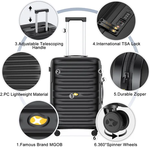 Vista 8 de MGOB Equipaje de mano Maleta rígida con ruedas giratorias y cerradura TSA, aprobada por aerolíneas para hombres y mujeres, Negro -, Lugggage