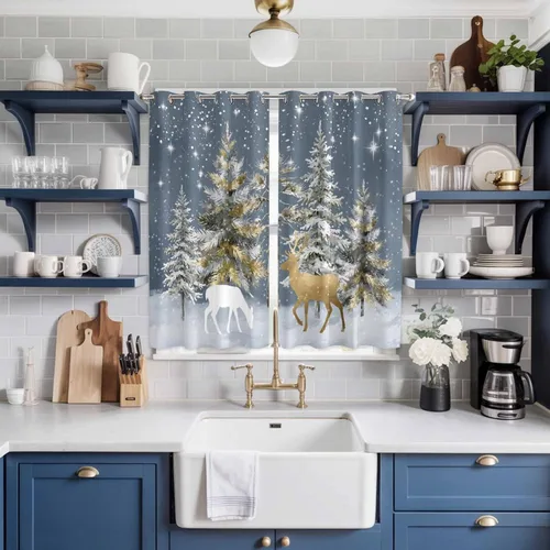 Vista 30 de Libaoge Cortinas de Navidad para cocina, dormitorio, juego de 2 paneles, diseño de muñeco de nieve de Navidad, cortinas de invierno con copos