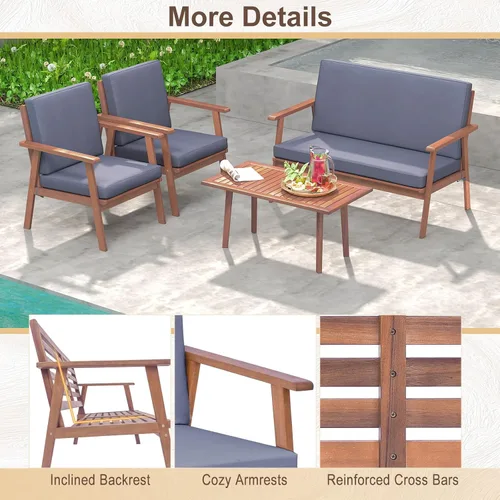 Vista 7 de Tangkula Juego de 4 piezas para conversación al aire libre, juego de sofá de madera de acacia con cojines de asiento y respaldo suaves, mesa Gris