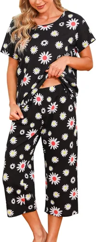 Vista 7 de ENJOYNIGHT Conjuntos de pijama de algodón para mujer, pijamas de verano con pantalones capri, ropa de dormir Gato negro