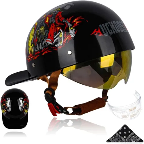Vista 8 de Gorra de béisbol para motocicleta, 3 unidades, aprobado por DOT, estilo vintage, cara abierta, unisex, para adultos, medios cascos de doble lente