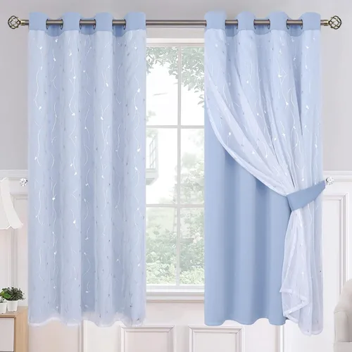 Vista 21 de BGment Cortinas de oscurecimiento de habitación con superposición transparente, cortinas de tul estampado plateado de doble capa para sala de estar