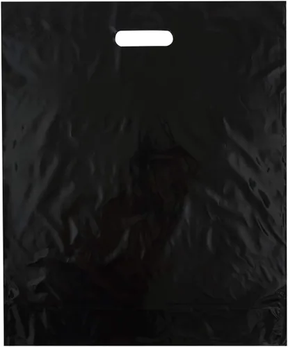 Vista 23 de Bolsas de compras de plástico con asas troqueladas de 9x12, negras, 100/cs – Bolsas marca directa
