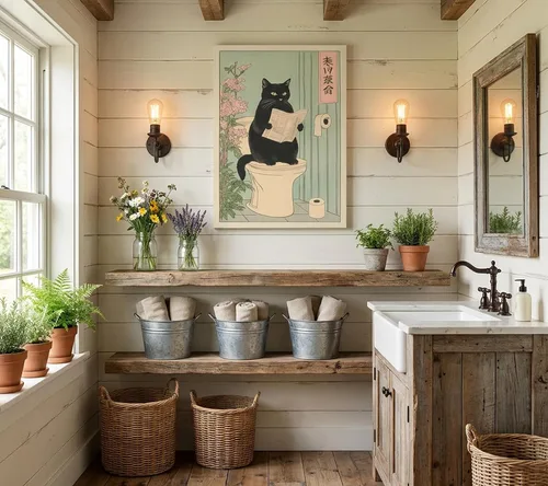 Vista 4 de COYIKC Arte de pared en lienzo de gato negro japonés en el inodoro, impresión divertida de baño, póster de inodoro, cuadros de decoración de pared
