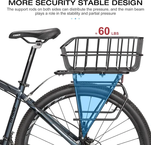 Vista 3 de CXWXC Portabicicletas trasero con cesta – Portabicicletas para freno de disco/soporte de freno sin disco – Portabicicletas, soporte de transporte