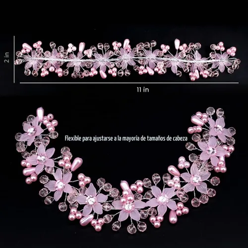 Vista 2 de CURASA Diadema de perlas rosas de cristal para niña, corona de princesa para cumpleaños, primera comunión