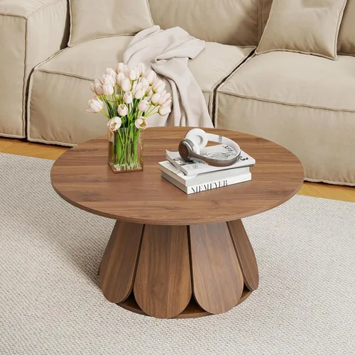 Vista 3 de Mesa de centro redonda, moderna mesa central circular de madera con base de pedestal para espacios pequeños, sala de estar, apartamento, nogal