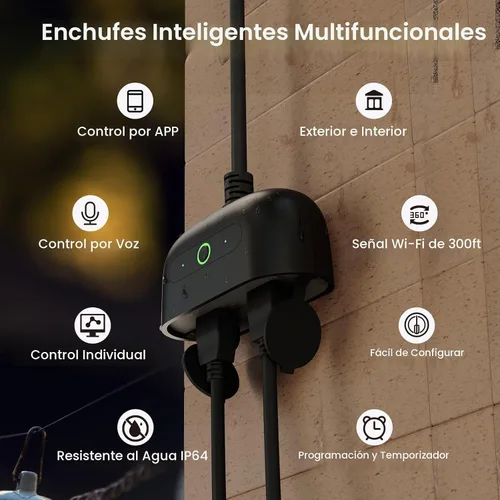 Vista 7 de GHome Smart - Enchufe inteligente para exteriores, enchufe Wi-Fi inteligente para el hogar con 2 tomas, resistencia a la intemperie IP64, compatible