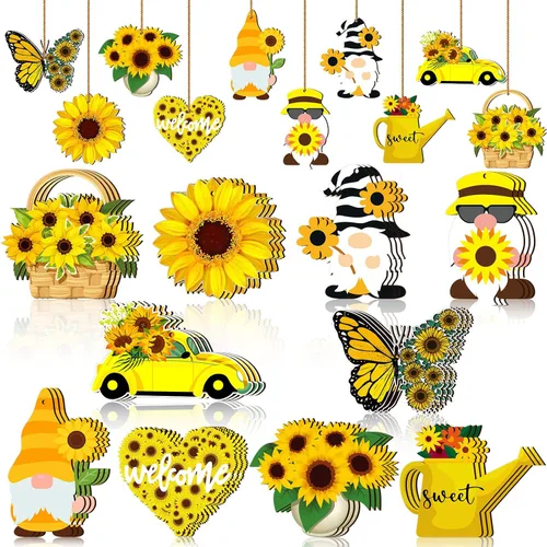 Vista 8 de Chunful Adorno de árbol de gnomo de girasol de verano, adornos colgantes de madera para primavera, decoración de árbol pequeño con cuerda