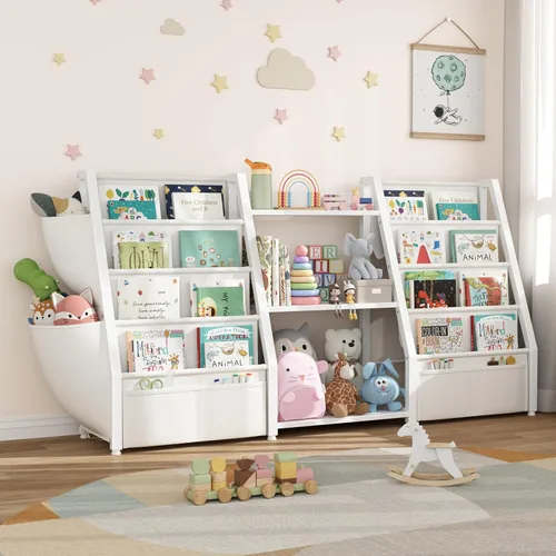 Vista 8 de Estantería para niños y almacenamiento de juguetes, organizador de juguetes con estante para libros de 3 niveles, estantería pequeña con eslinga